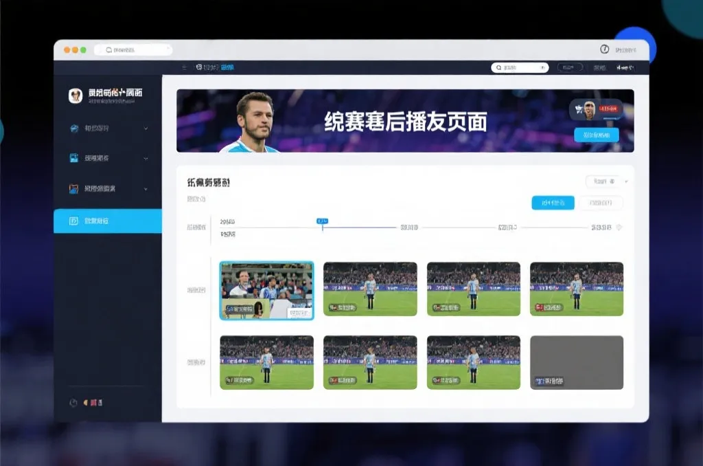 比赛结束后，电视屏幕展示集锦回放页面，旁边有时间轴和多角度切换提示
